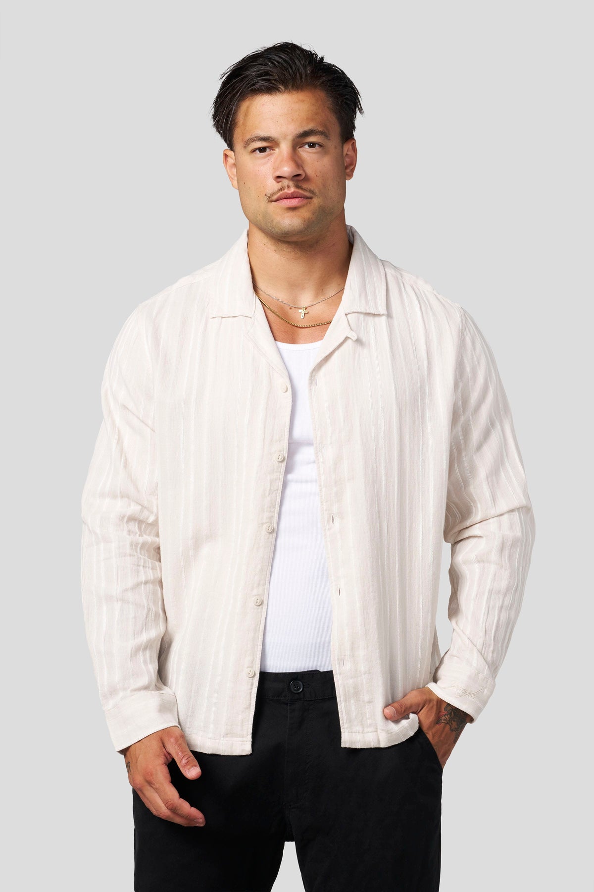 YoungLA 8024 - Soho Stripe Shirts 'Tan White'