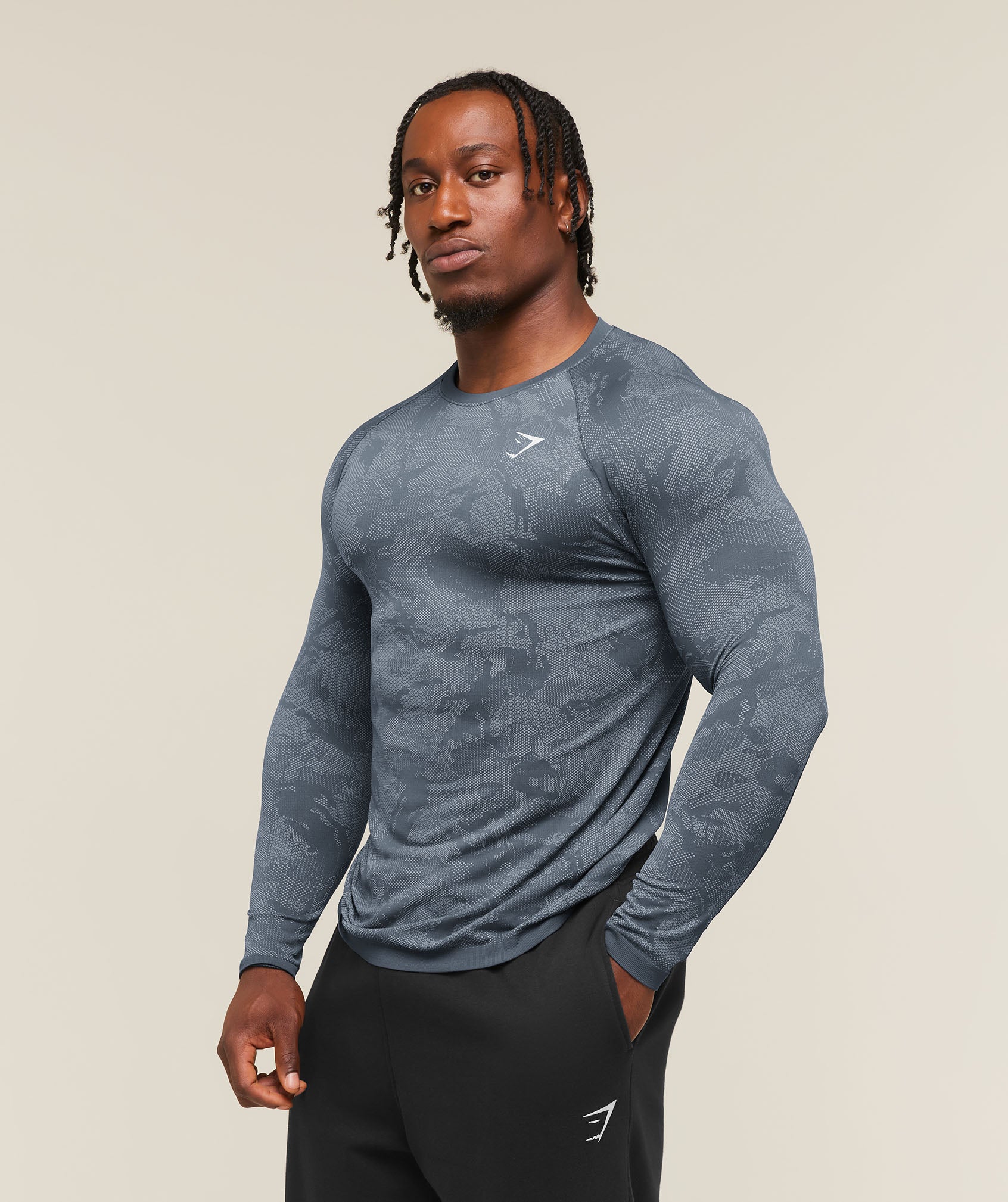 Gymshark Geo Seamless Long Sleeve T-Shirt 'Shadow Blue Tranquil Blue'