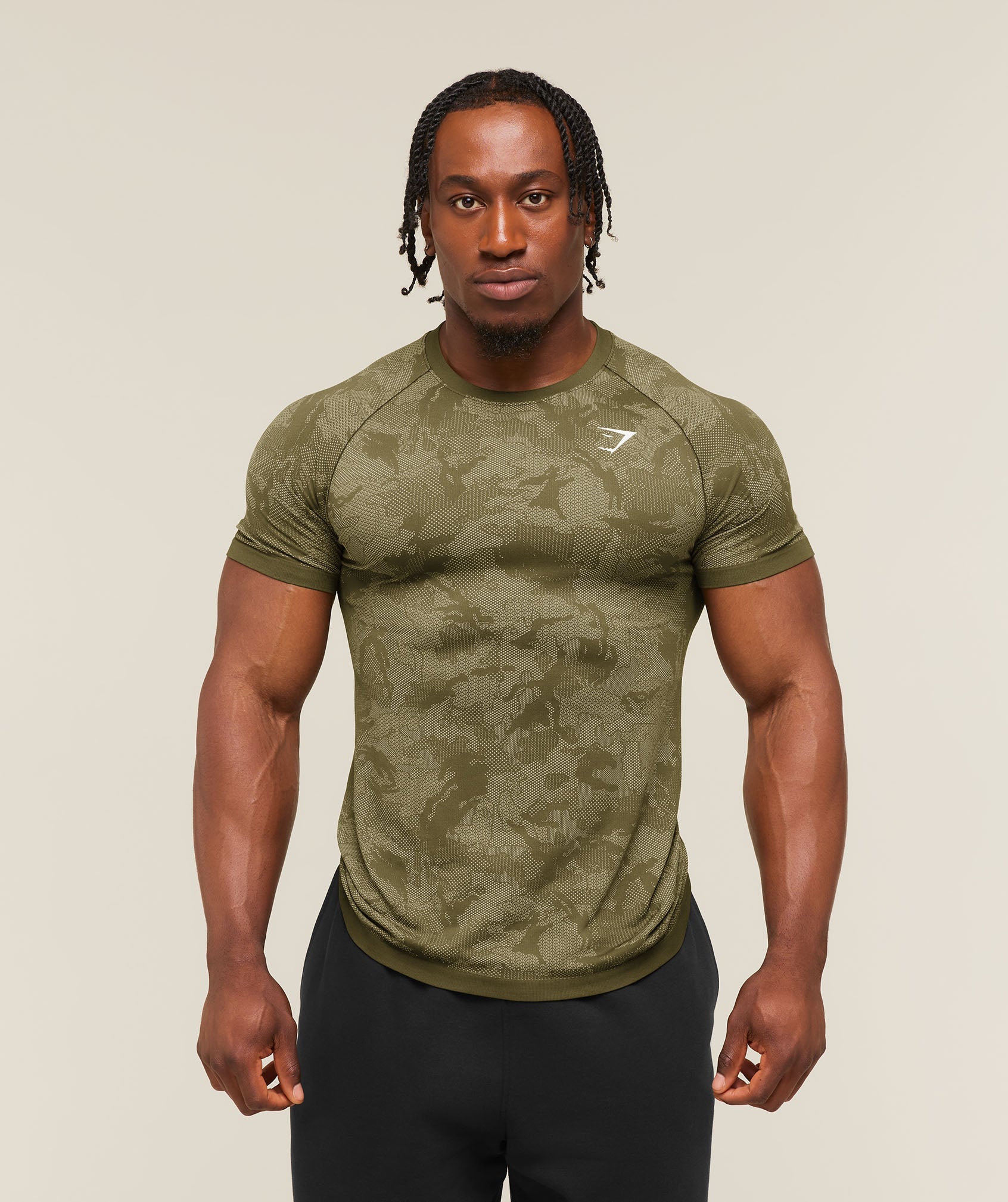 Gymshark Geo Seamless T-Shirt 'Canvas Green Chalk Beige'